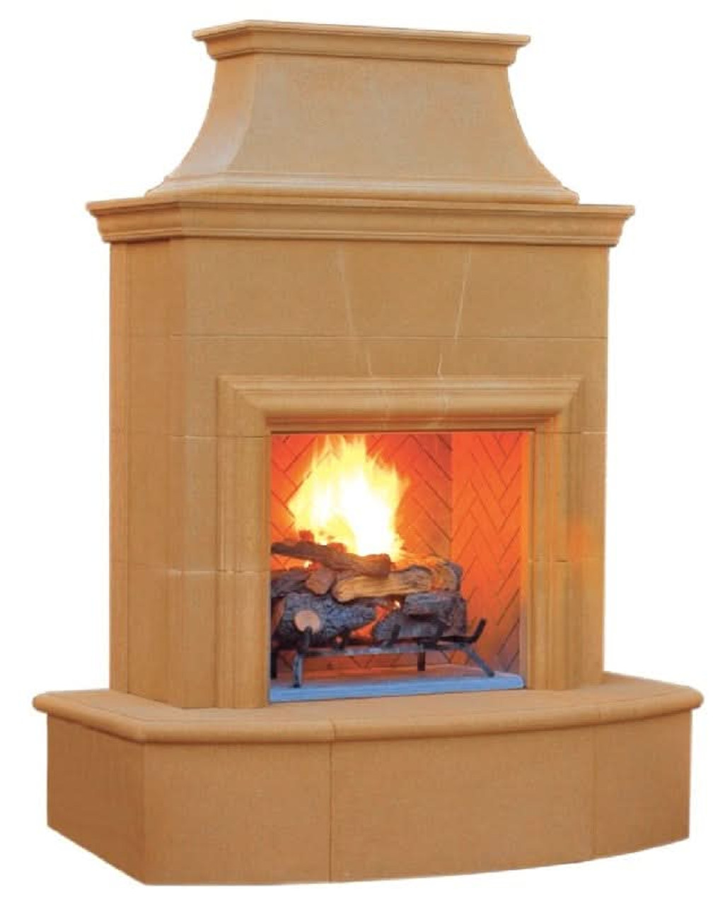 American Fyre Designs 84 Inch Vented Free-Standing Outdoor Petite Cordova Fireplace, 16 Inch Radiused Bullnose, No Recess, Cafe Blanco, Key Value on the RIGHT/Gas Source out the BACK- 025-01-N-CB-RBC
