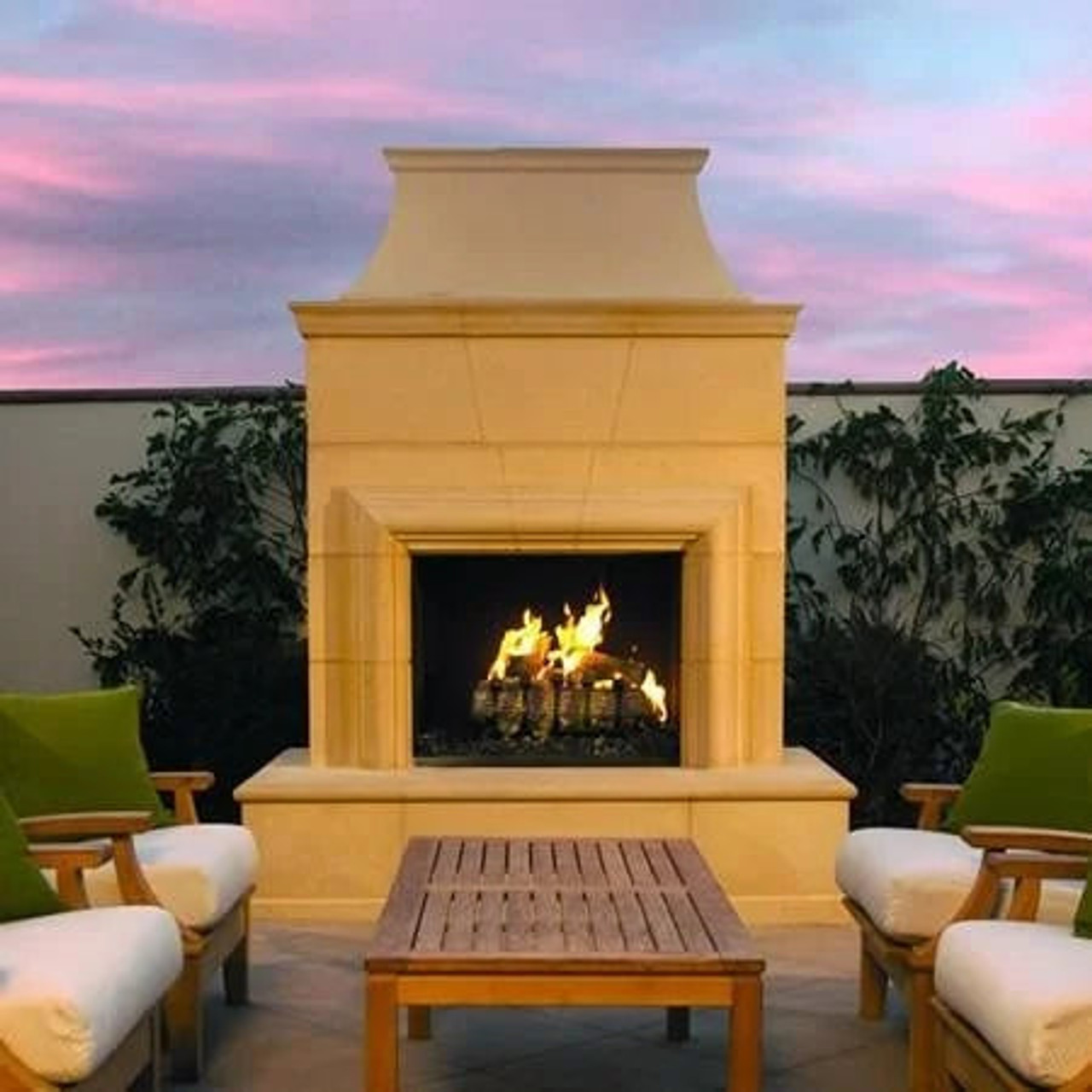 American Fyre Designs 95 Inch Vented Free-Standing Outdoor Cordova Fireplace, 110 Inch Rectangle Extended Bullnose, No Recess, Cafe Blanco, Key Value on the LEFT/Gas Source out the BACK-  022-35-N-CB-LBC