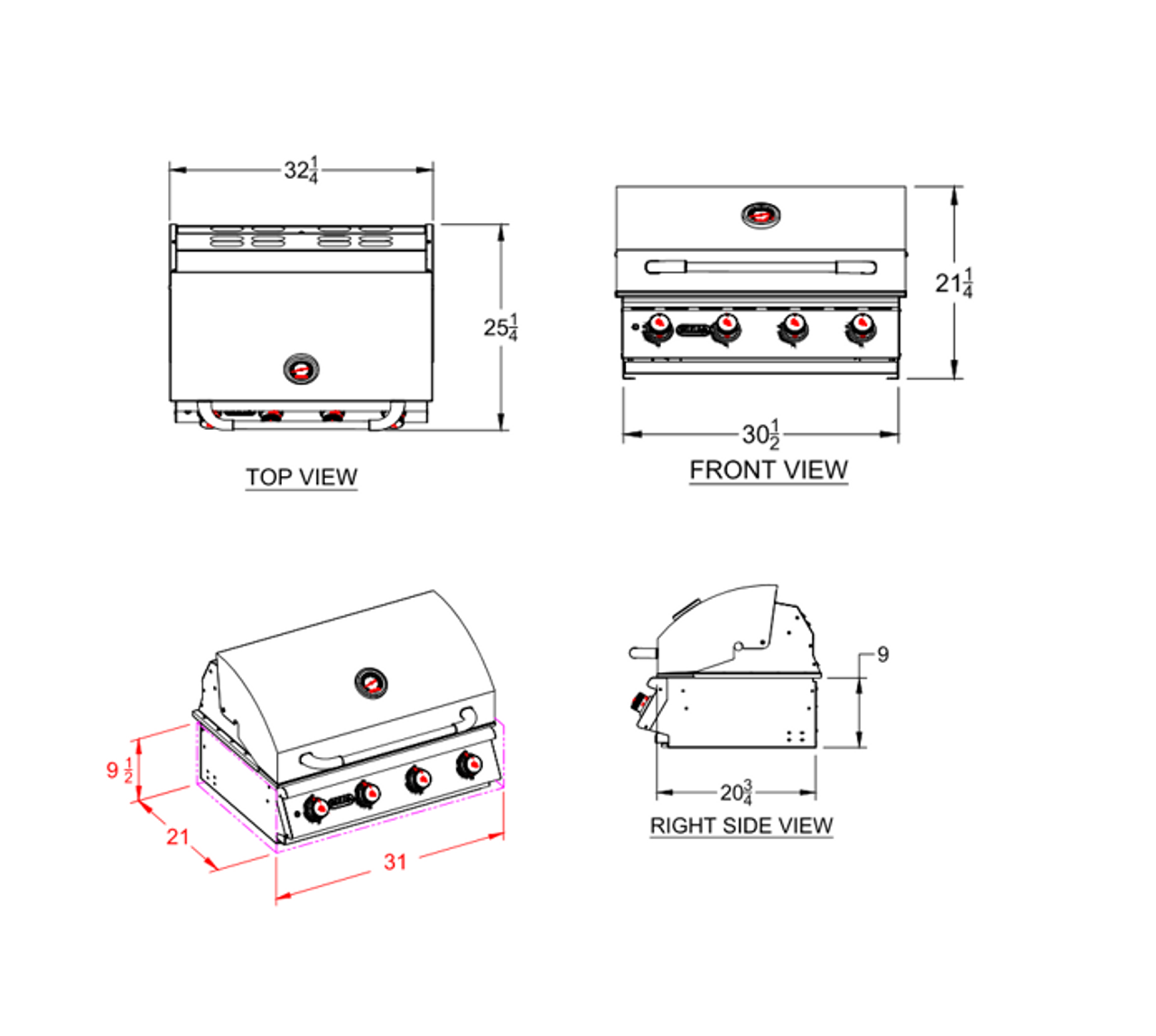 Premium Drop-In 4 Burner Stainless Steel Bbq Grill w/ Back Burner Grandeur - 32BQR-Grandeur
