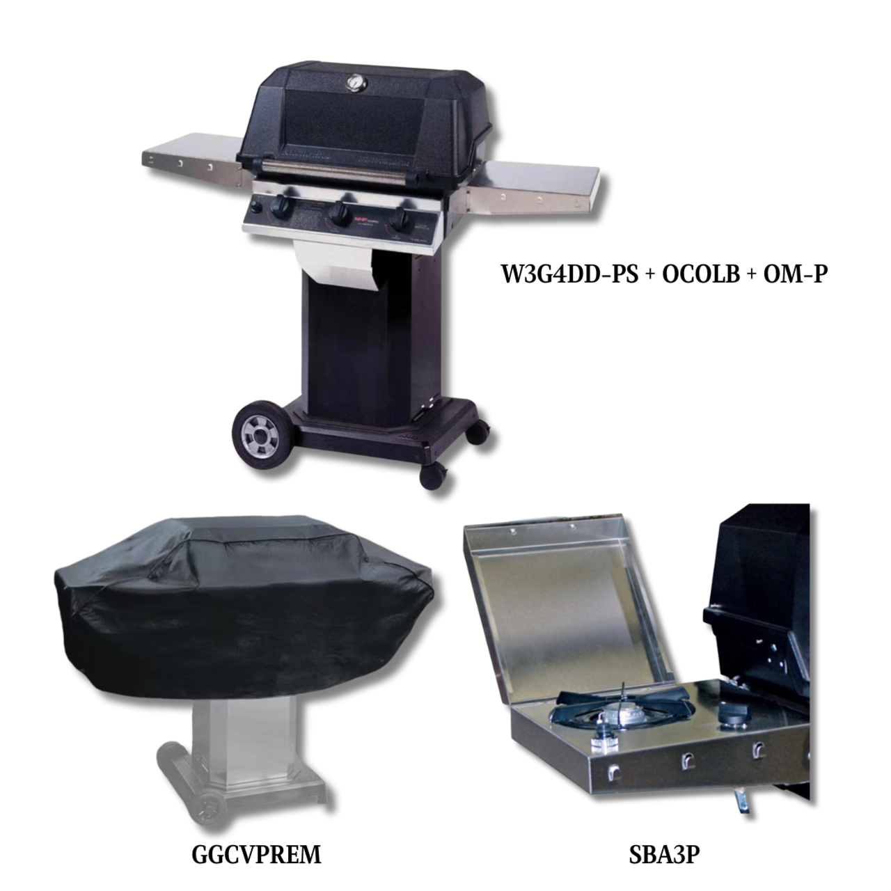 MHP W3G4DD Liquid Propane with Sear Magic Grids on Black Cart Grill  with Cover and Single Side Burner - PCKG3-W3G4DD-PS