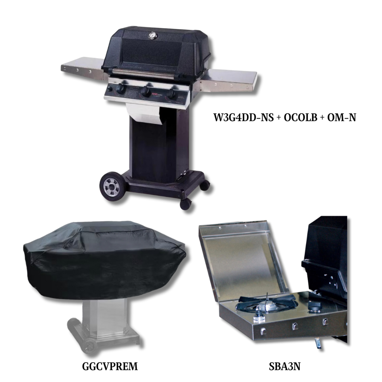 MHP W3G4DD Natural Gas with Sear Magic Grids on Black Cart Grill  with Cover and Single side burner - PCKG4-W3G4DD-NS