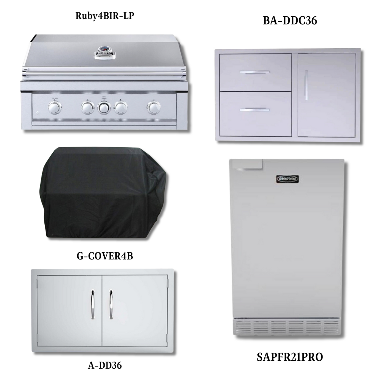 Sunstone Ruby4BIR LP with Double Access Door, Cover, Double Drawer & Door Combo, and 21" Stainless Steel Outdoor Rated Refrigerator - Ruby4BIR-LP-PCKG3