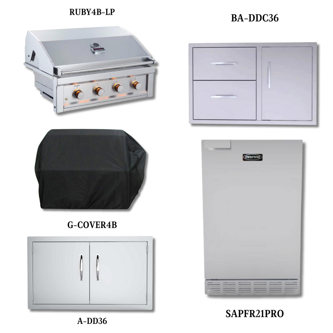 Sunstone Ruby4B-LP with Double Access Door, Cover, Double Drawer & Door Combo, and 21" Stainless Steel Outdoor Rated Refrigerator - Ruby4B-LP-PCKG3