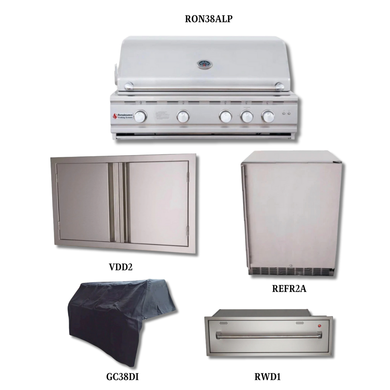 RCS Cutlass Pro RON38 LP with Stainless Double Door, Cover, Outdoor Warming Drawer and Outdoor Rated Stainless Steel Compact Refrigerator - RON38ALP-PCKG3
