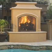 American Fyre Designs 67 Inch Vent-Free Free-Standing Outdoor Mariposa Fireplace, 113 Inch Extended Bullnose, No Recess, Cafe Blanco, Key Value on the RIGHT/Gas Source UNDERNEATH- 173-05-N-CB-RUC