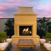American Fyre Designs 95 Inch Vented Free-Standing Outdoor Cordova Fireplace, 16 Inch Rectangle Bullnose, No Recess, Cafe Blanco, Key Value on the LEFT/Gas Source out the BACK- 022-20-N-CB-LBC