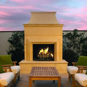 American Fyre Designs 95 Inch Vented Free-Standing Outdoor Cordova Fireplace, 110 Inch Rectangle Extended Bullnose, No Recess, Cafe Blanco, Key Value on the LEFT/Gas Source out the BACK-  022-35-N-CB-LBC