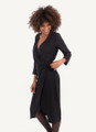 Black Wool-Blend Viscose Bohemian Midi Dress with Wrap Tie and Rounded Hem