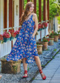 Blue Bohemian Midi Dress with Ethnic Floral Pattern