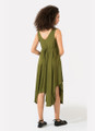 Khaki Bohemian Dress with Patterned Front and Asymmetrical Hem