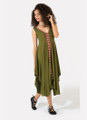 Khaki Bohemian Dress with Patterned Front and Asymmetrical Hem