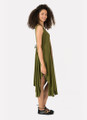 Khaki Bohemian Dress with Patterned Front and Asymmetrical Hem