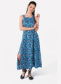 Bohemian Midi Dress with Blue Floral Pattern and Halter Neck