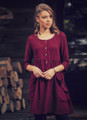 Maroon Bohemian Mini Dress with Mother-of-Pearl Buttons and Large Pockets