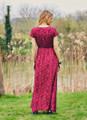 Maroon Maxi Bohemian Dress with Dragonfly Pattern and Wrap Closure