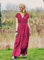 Maroon Maxi Bohemian Dress with Dragonfly Pattern and Wrap Closure