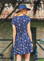 Dark Blue Mini Bohemian Dress with Floral Pattern and Mother-of-Pearl Buttons
