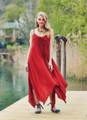 Burnt Orange Chic Bohemian Dress with Lace Detail and Asymmetrical Hem
