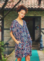 Dark Blue Patterned Bohemian Dress with Knotted Sleeves