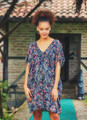 Dark Blue Patterned Bohemian Dress with Knotted Sleeves