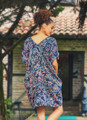 Dark Blue Patterned Bohemian Dress with Knotted Sleeves