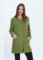 Green Round Neck Hidden Button Long Cashmere Coat