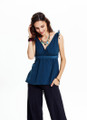 Dark Blue Bohemian Blouse with Shoulder Ties and Waist Tie