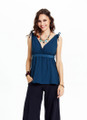 Dark Blue Bohemian Blouse with Shoulder Ties and Waist Tie