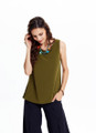 Khaki Flowing Viscose Bohemian Blouse with Rounded Wrap Hem
