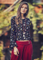 Black Floral Bohemian Blouse with Drawstring Hem and Bell Sleeves