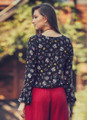 Black Floral Bohemian Blouse with Drawstring Hem and Bell Sleeves