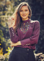 60s-Inspired Purple Boho Blouse with Floral Embroidery