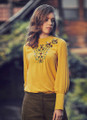 60s-Inspired Yellow Boho Blouse with Floral Embroidery
