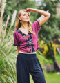Purple Bohemian Blouse with V-Neck and Mother-of-Pearl Buttons