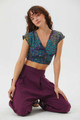 Turquoise Bohemian Short Blouse with V-Neck and Tie Waist