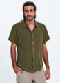 Khaki Short-Sleeve Linen Men's Shirt with Classic Collar and Pockets