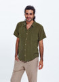 Khaki Short-Sleeve Linen Men's Shirt with Classic Collar and Pockets