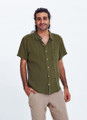 Khaki Short-Sleeve Linen Men's Shirt with Classic Collar and Pockets