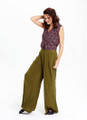 Khaki Wide-Leg Bohemian Pants with Front Pleats and Elastic Back Waist
