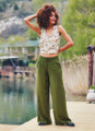 Khaki Viscose Bohemian Pants with Large Button Closure