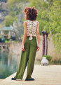 Khaki Viscose Bohemian Pants with Large Button Closure