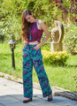 Patterned Viscose Bohemian Pants with Side Zipper and Drawstring Waist
