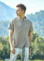 Men's Band Collar Short Sleeve Beige Shirt