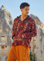 Geometric Patterned Men's Sweatshirt with Kangaroo Pocket Red-Yellow