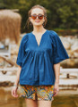 Half Sleeve Loose Fit Blue Boho Blouse