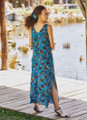 V Neck Printed Boho Slit Dress in Petrol