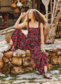 Square Neck Thick Strap Red Floral Jumpsuit