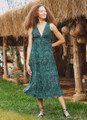 V Neck Printed Midi Summer Dress Green