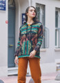 Ethnic Patterned Women's Sweatshirt with Kangaroo Pocket Green-Black