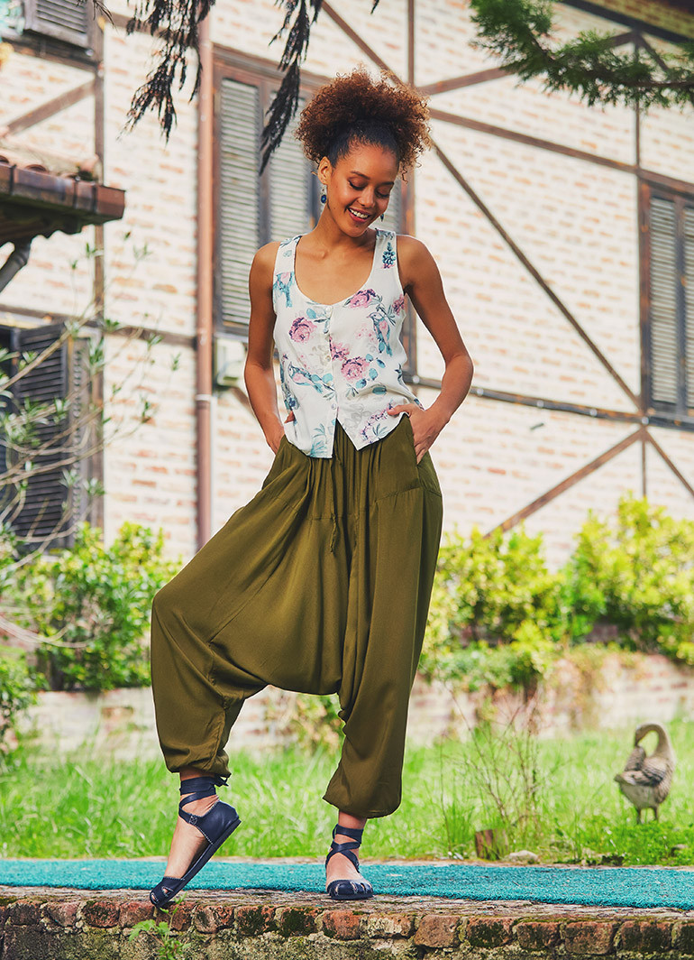 Green Boho Hippie Harem Pants Women 